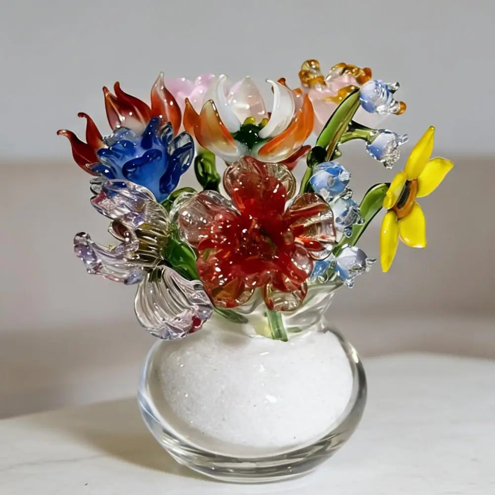 Handcrafted blue glass flower sculpture featuring various colored glass petals and leaves
