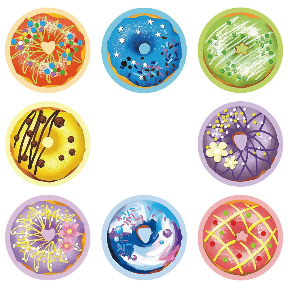 A collection of colorful round sealing labels featuring various designs including donuts, flowers, and abstract patterns.