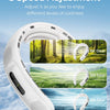 White portable neck fan shown in three gear settings against a natural outdoor background.