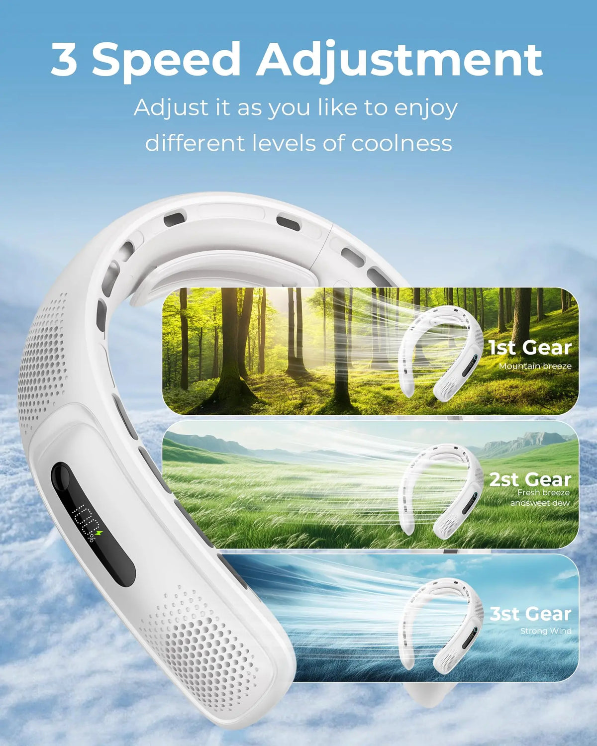 White portable neck fan shown in three gear settings against a natural outdoor background.