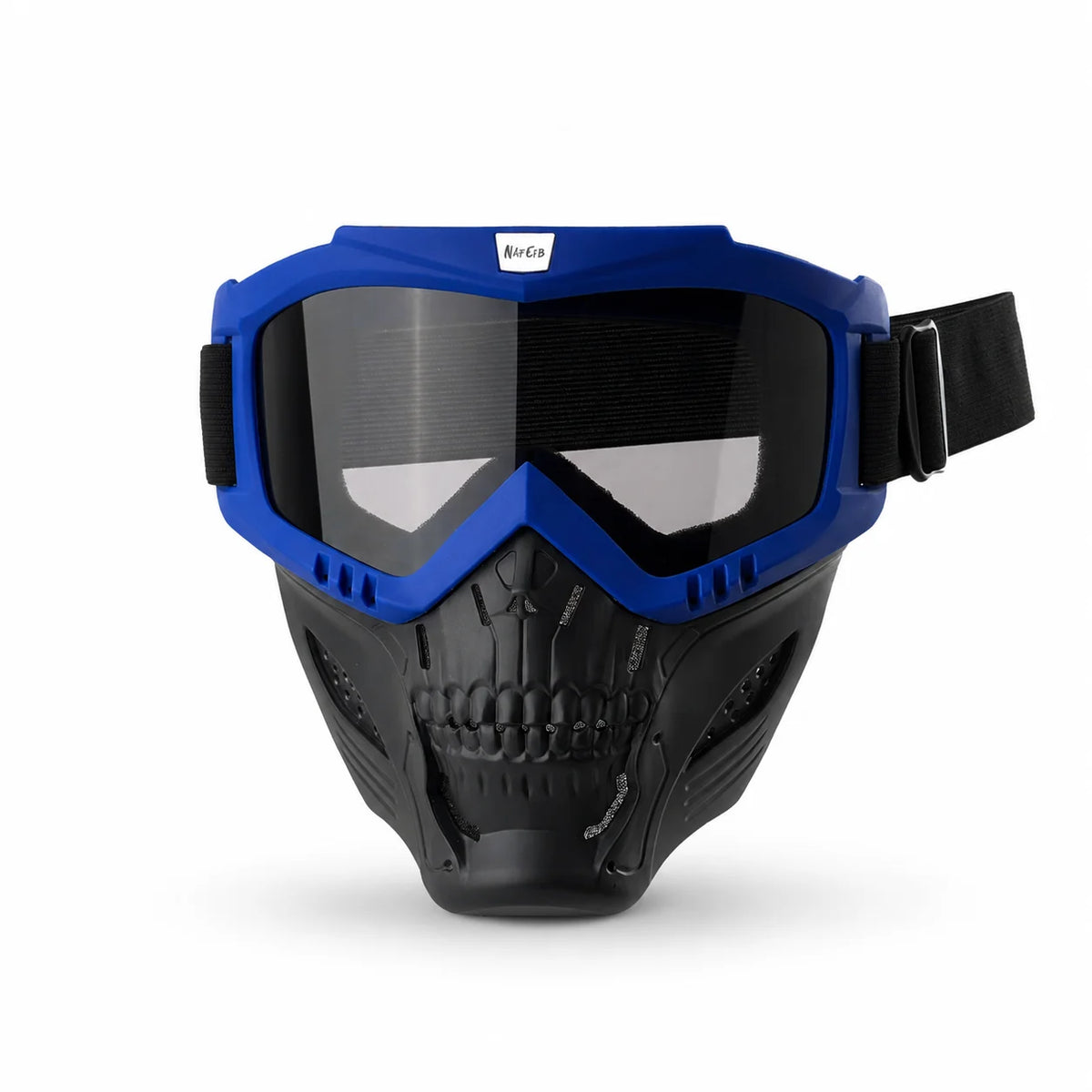 Blue offroad full face skull riding goggles with a black mask and strap