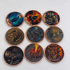 A collection of copper challenge coins featuring designs like a grim reaper, pirate, dragon, mermaid, and skull.