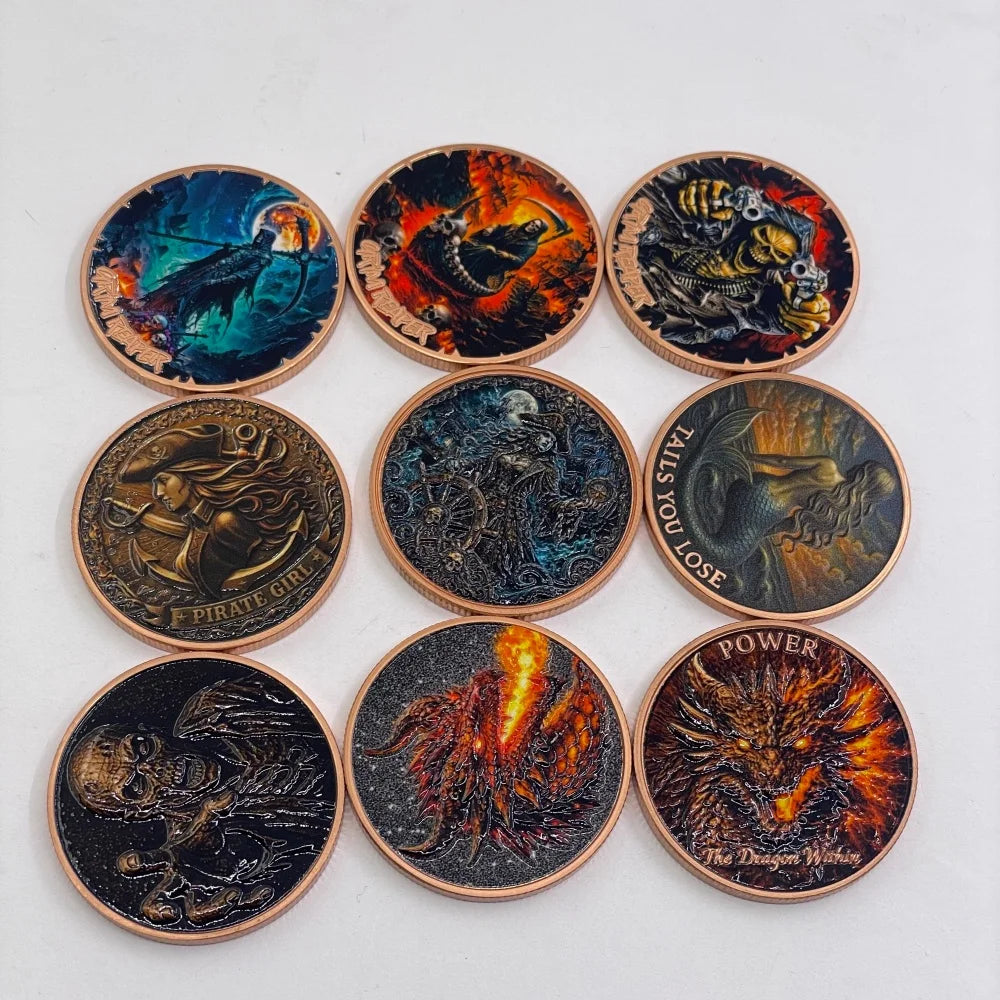 A collection of copper challenge coins featuring designs like a grim reaper, pirate, dragon, mermaid, and skull.