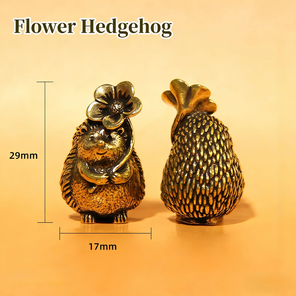 A brass flower hedgehog statue with a textured body and a floral crown, shown against a light background.