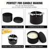 A set of black metal candle tins with lids shown in various stages of use for making handmade candles.