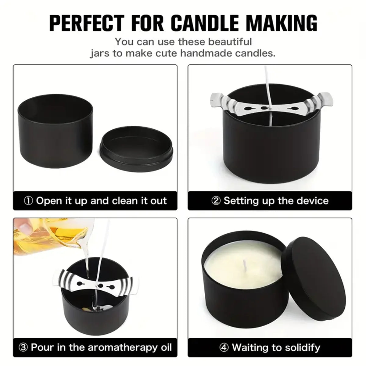 A set of black metal candle tins with lids shown in various stages of use for making handmade candles.
