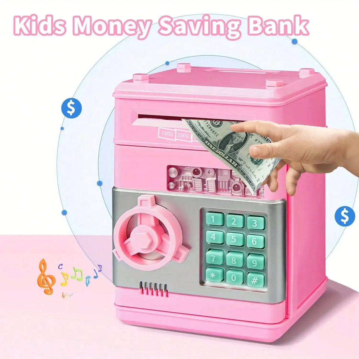 A pink kids money saving bank with a coin slot and keypad, being used by a hand.