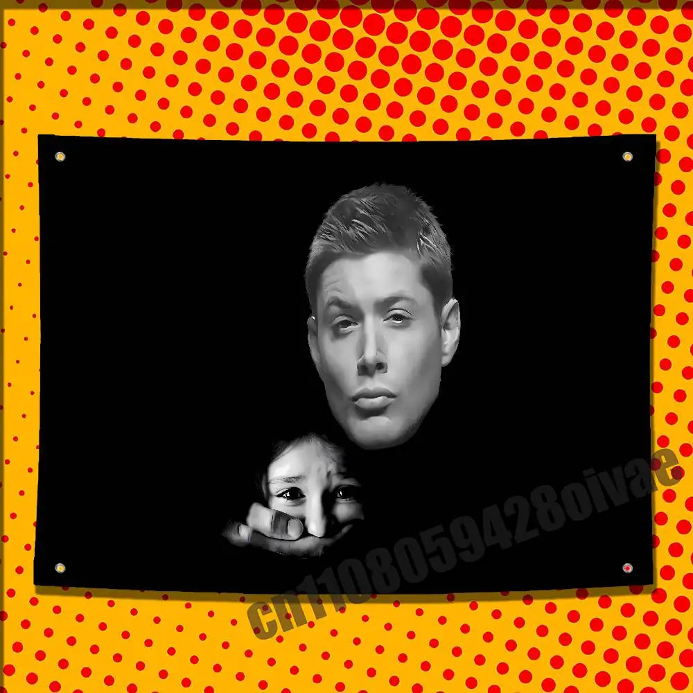 A black and white portrait of a man is displayed on a yellow polka-dot background.