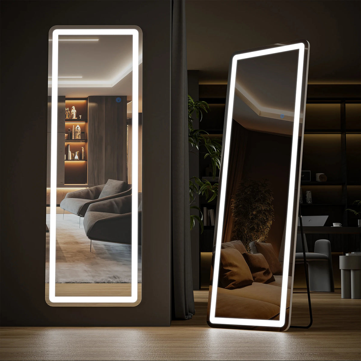 مرآة LED عمودية بطولها مع إطار أبيض ساطع تعكس غرفة داخلية.
