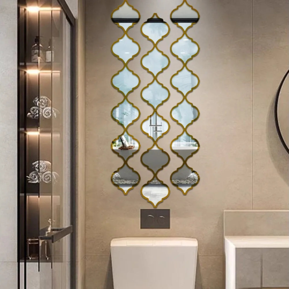 Moroccan acrylic mirror wall stickers featuring a diamond pattern mounted on a beige wall.