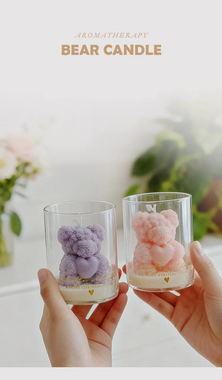 Rose Bear Scented Soy Wax Candle in Glass Cup