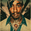 A close-up portrait of Tupac Shakur with a distressed, shattered glass effect overlaying his face and shirt.