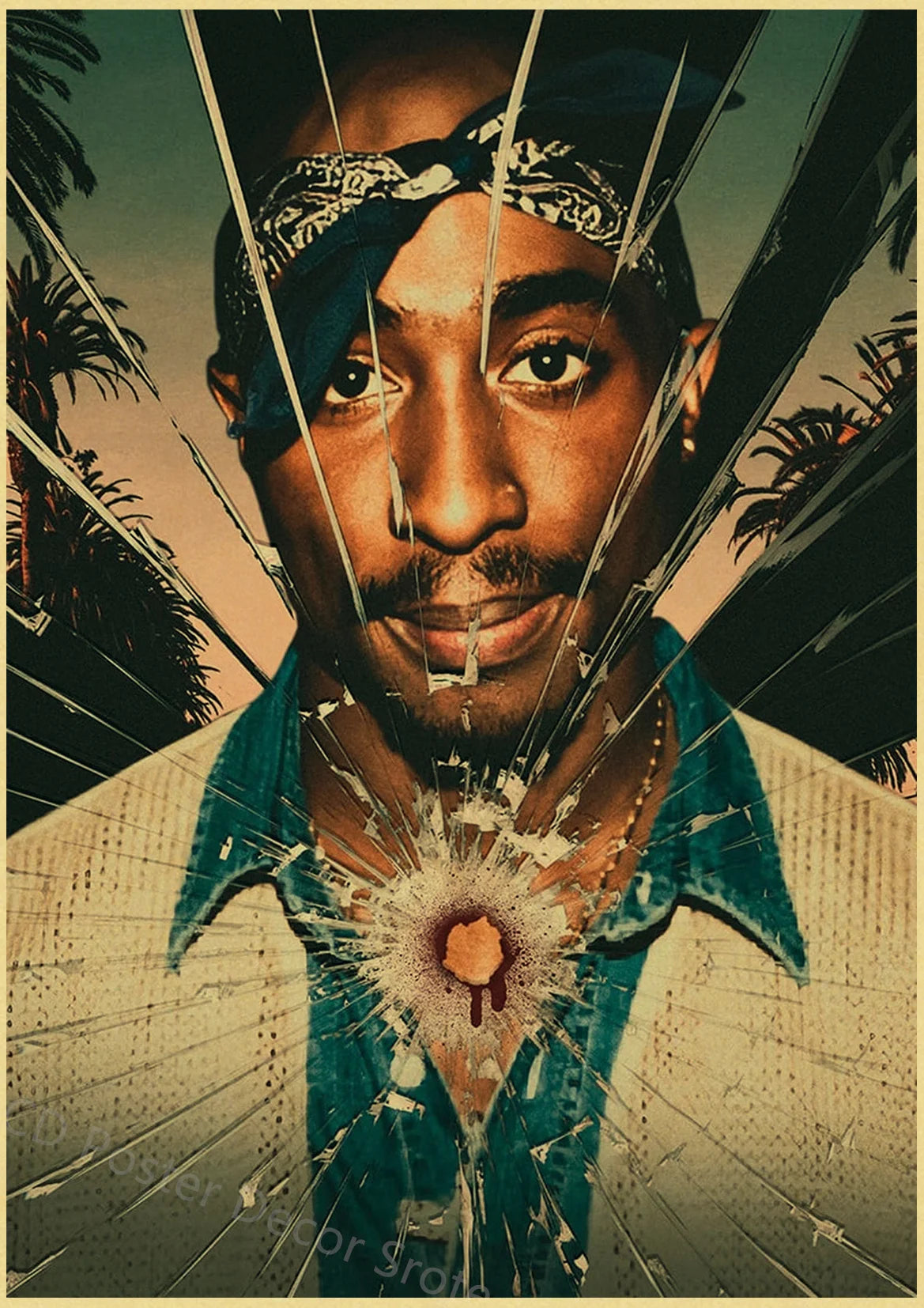 A close-up portrait of Tupac Shakur with a distressed, shattered glass effect overlaying his face and shirt.