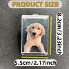 A photo frame for a dog featuring a golden retriever, with dimensions listed as 8.2cm/3.23inch and 5.5cm/2.17inch.