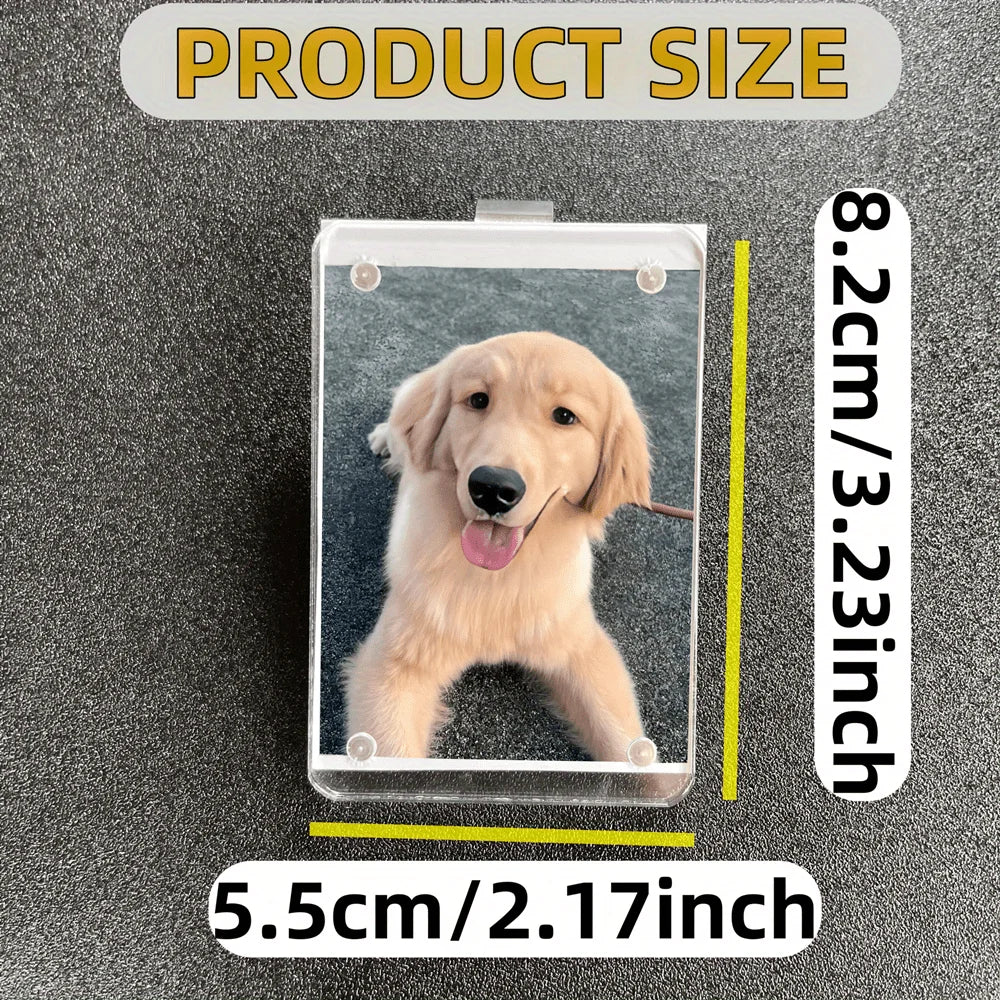 A photo frame for a dog featuring a golden retriever, with dimensions listed as 8.2cm/3.23inch and 5.5cm/2.17inch.