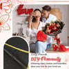 A woman is shown applying a red rose to another person, with a bouquet of red roses and decorative elements nearby.
