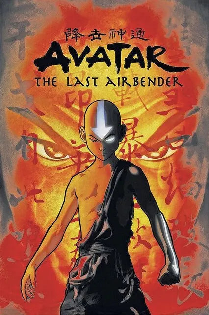 Poster art for Avatar The Last Airbender featuring a stylized character against an orange background.