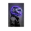 Neon blue motorcycle helmet art displayed on a gray textured wall.