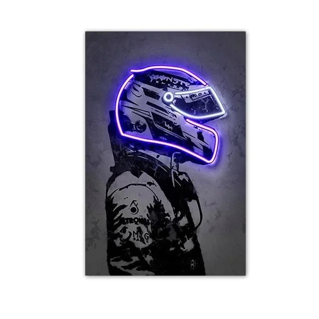 Neon blue motorcycle helmet art displayed on a gray textured wall.
