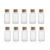 A row of twelve clear glass vials with natural cork stoppers arranged in a grid.
