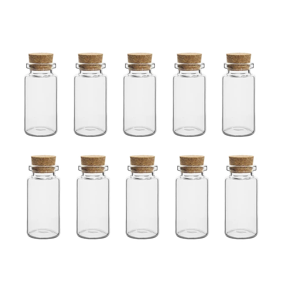 A row of twelve clear glass vials with natural cork stoppers arranged in a grid.