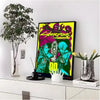 A poster featuring characters from Cyberpunk Edgerunners in vibrant colors displayed on a white shelf.