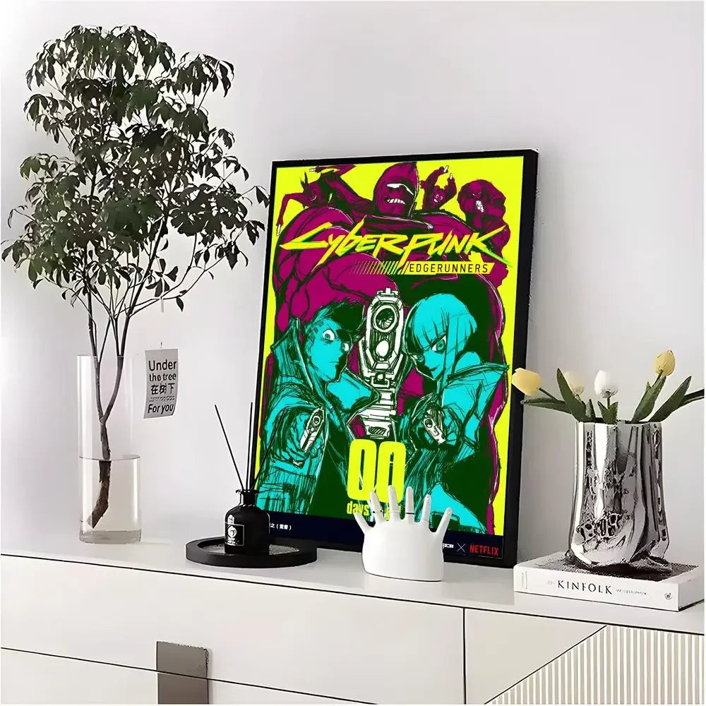 A poster featuring characters from Cyberpunk Edgerunners in vibrant colors displayed on a white shelf.