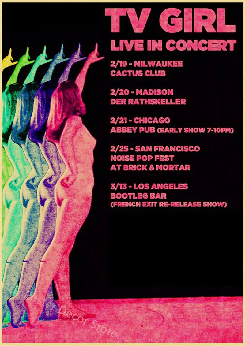 A vintage poster advertising TV Girl live in concert shows tour dates for Milwaukee, Chicago, San Francisco, and Los Angeles.