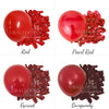 A set of deep red latex balloons in various shades including Red, Pearl Red, Garnet, and Burgundy.