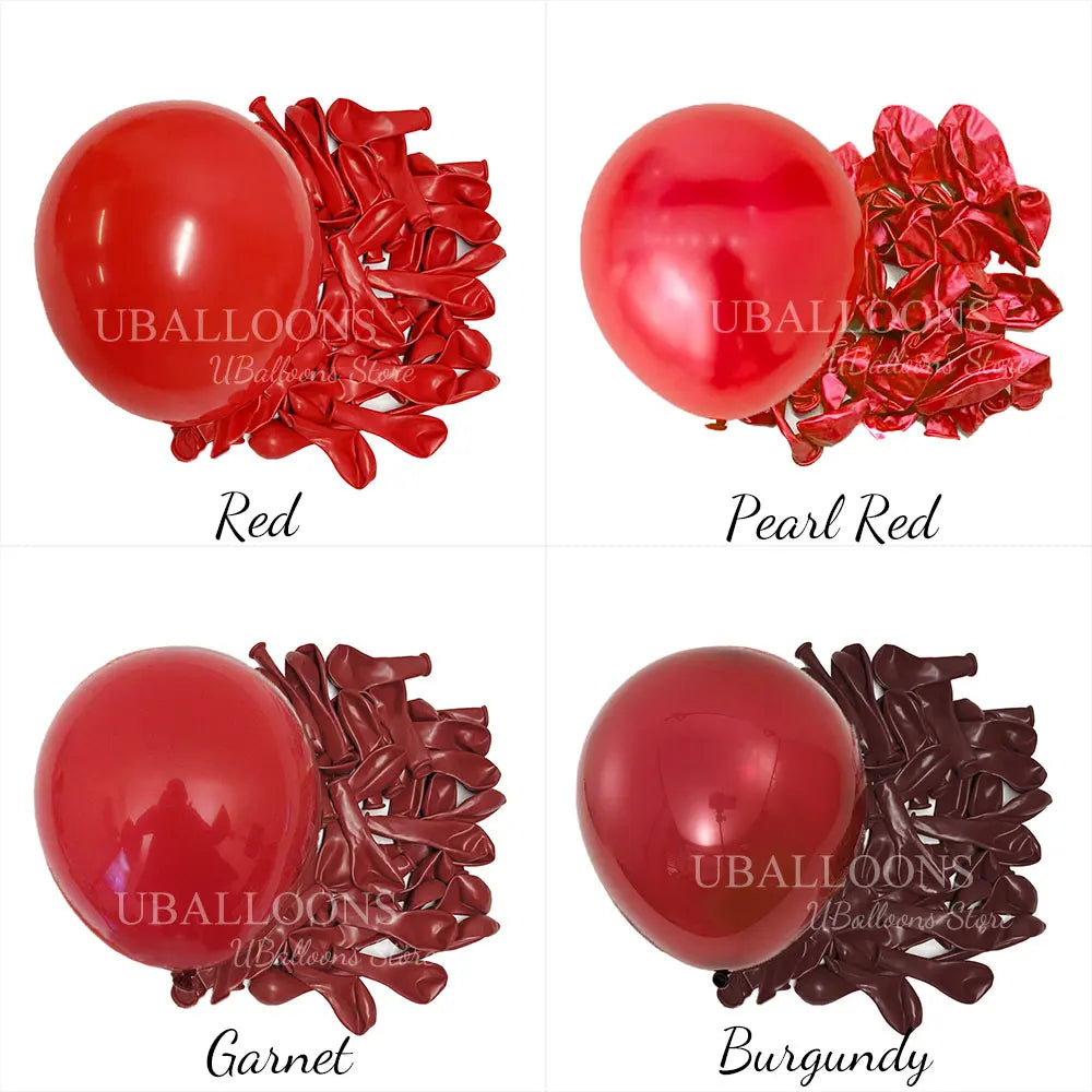 A set of deep red latex balloons in various shades including Red, Pearl Red, Garnet, and Burgundy.