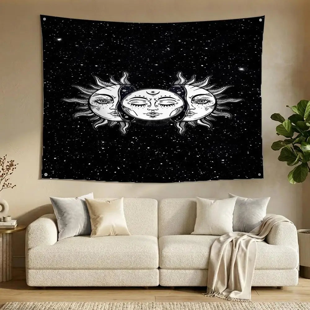 A dark banner featuring three stylized faces of the sun and moon surrounded by stars against a black night sky