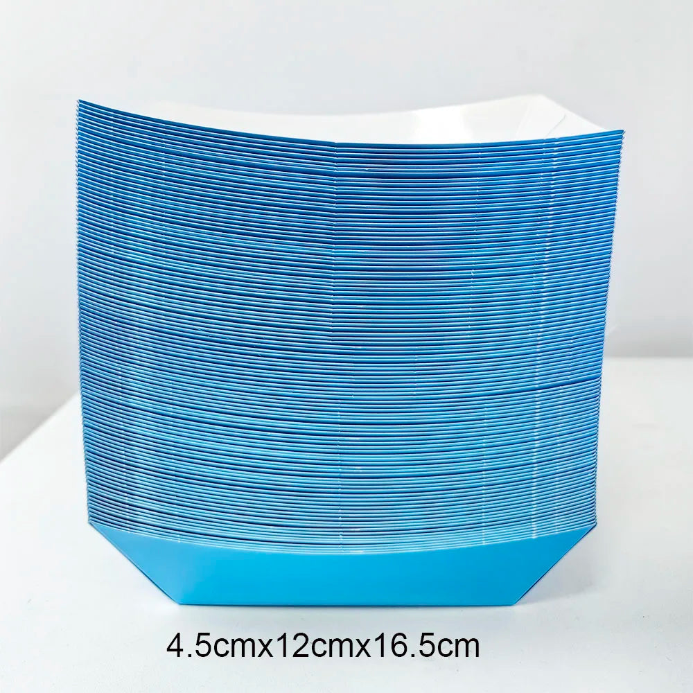 A stack of bright blue disposable paper food trays, measuring 4.5cm x 12cm x 16.5cm.