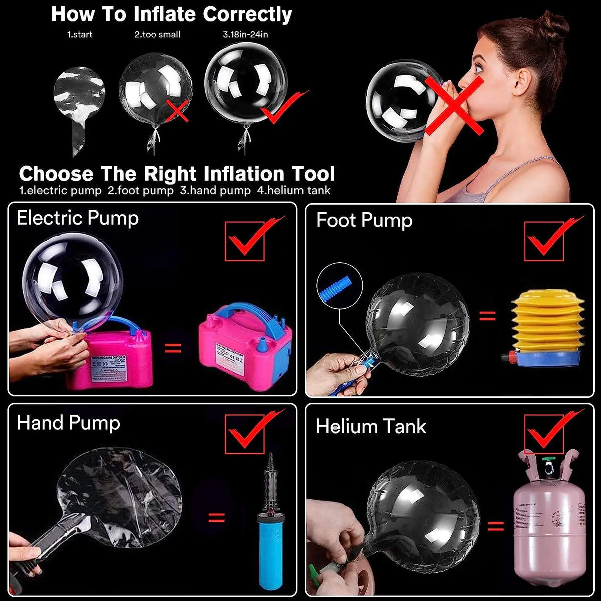 Diagram showing how to inflate balloons using an electric pump, foot pump, hand pump, and helium tank.