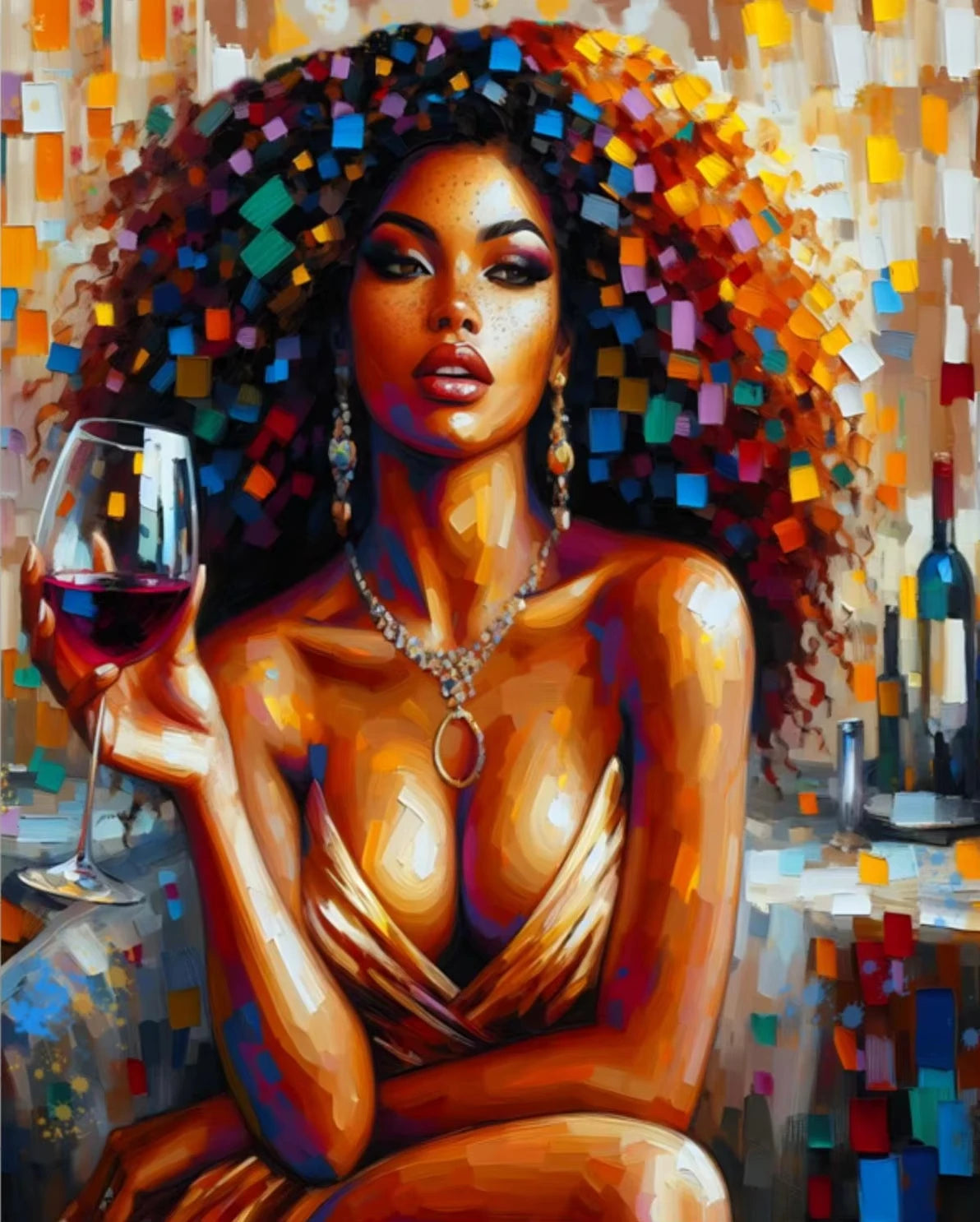 Oil painting of an African American woman with voluminous curly hair looking directly at the viewer.