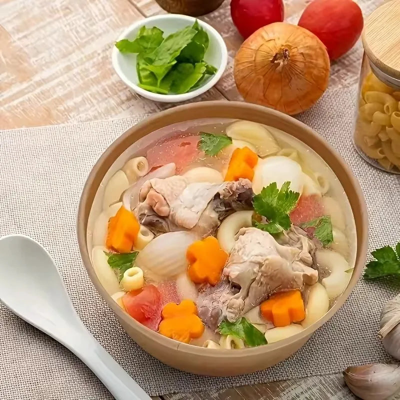 A bowl of soup containing meat, vegetables, and noodles served in a round kraft paper bowl.