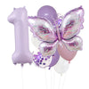 A set of purple foil balloons shaped like the number one and a butterfly