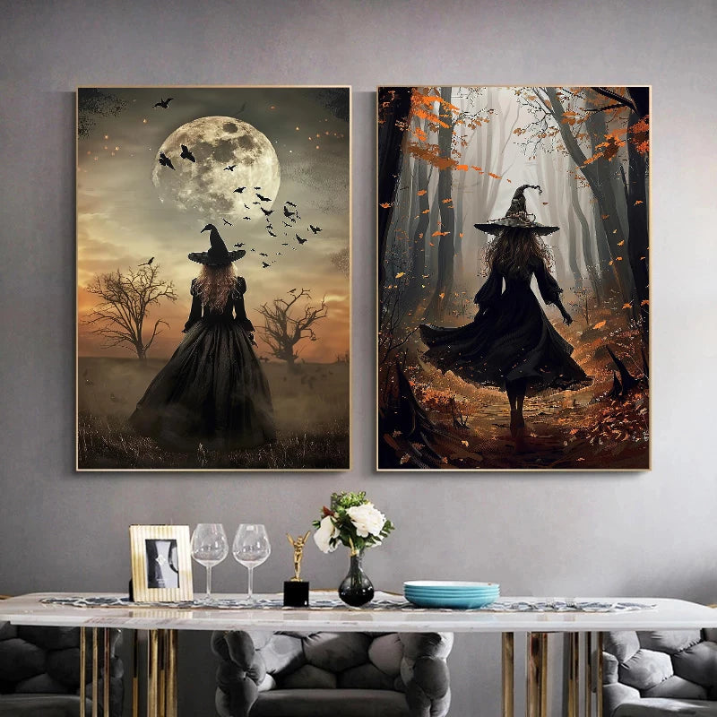 Canvas wall art featuring a dark witch figure in a forest setting with autumn leaves and a full moon.