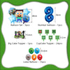 A collection of birthday party decorations including balloon sets, a number balloon, cake toppers, and latex balloons.