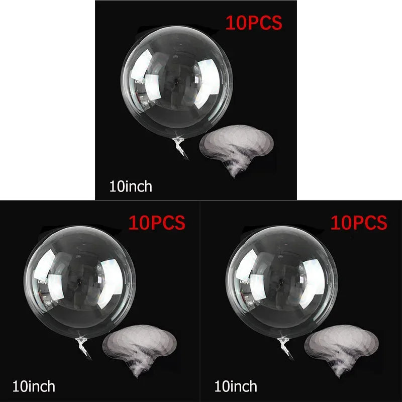 Clear bubble balloons shown in various sizes, including 10 inches and 10 pieces.