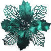 A dark teal glitter silk artificial Christmas flower with a gold sparkle finish.