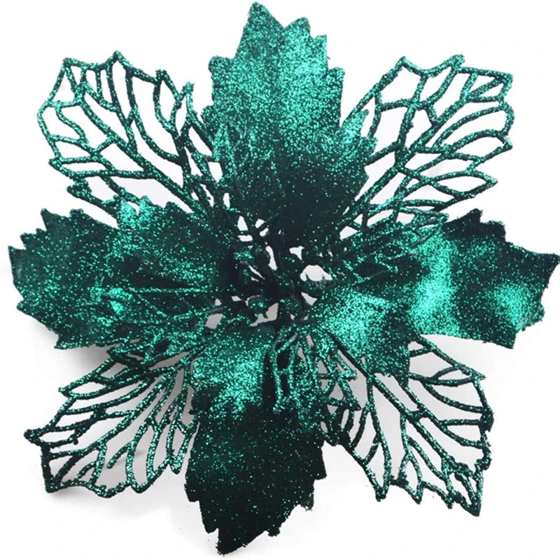 A dark teal glitter silk artificial Christmas flower with a gold sparkle finish.
