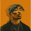 A portrait of Tupac Shakur with dreadlocks looking to the side against an orange background.