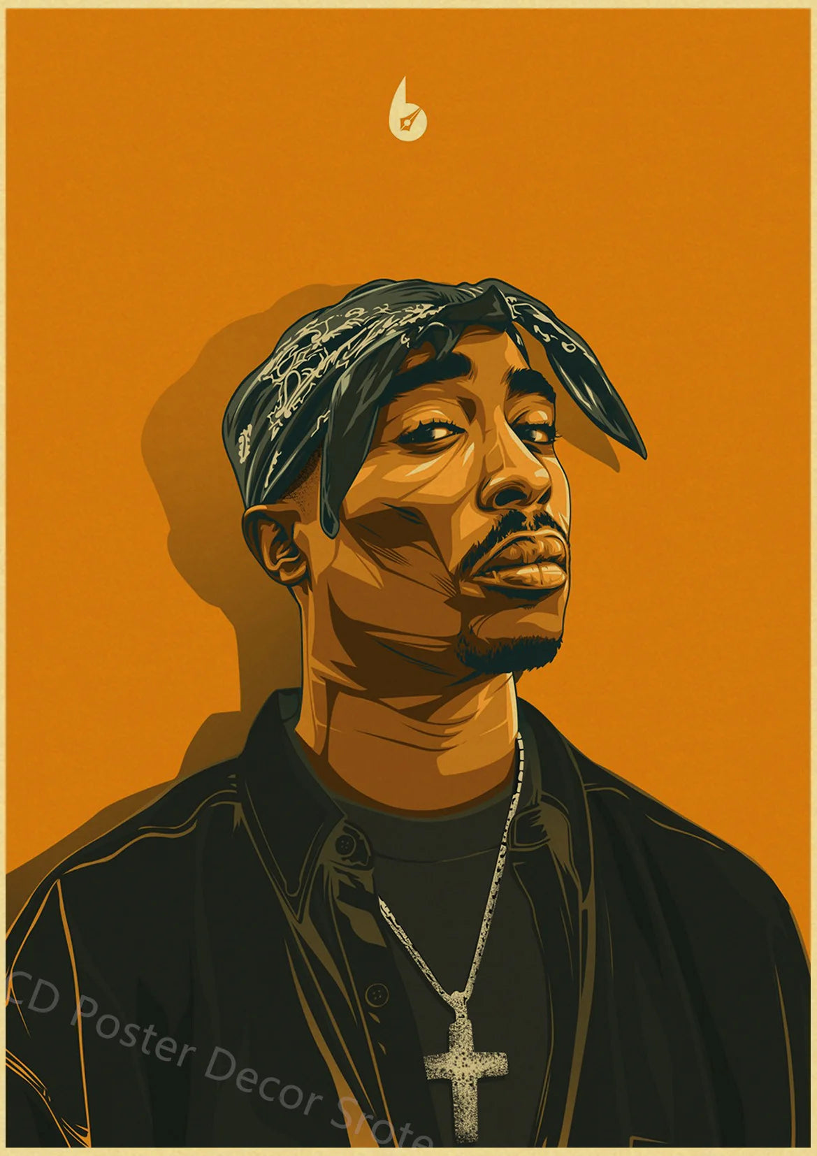A portrait of Tupac Shakur with dreadlocks looking to the side against an orange background.