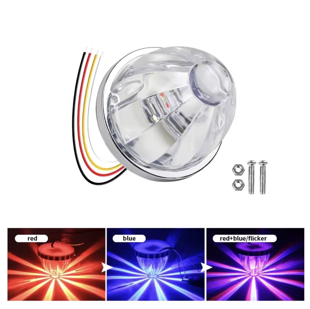 A set of durable LED side marker lights for vehicles, shown in various colors including red, blue, and red-blue flicker effec