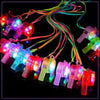 A set of ten LED light-up necklaces with glow in the dark lanyards hanging against a black background.