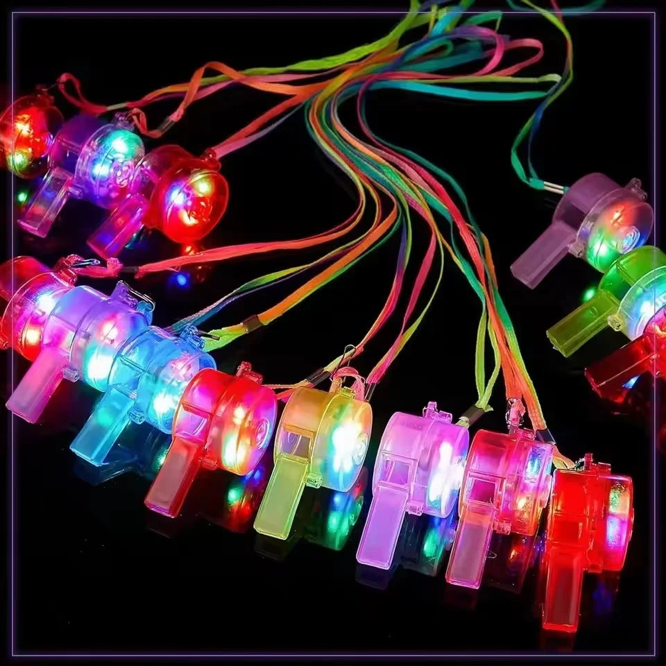 A set of ten LED light-up necklaces with glow in the dark lanyards hanging against a black background.