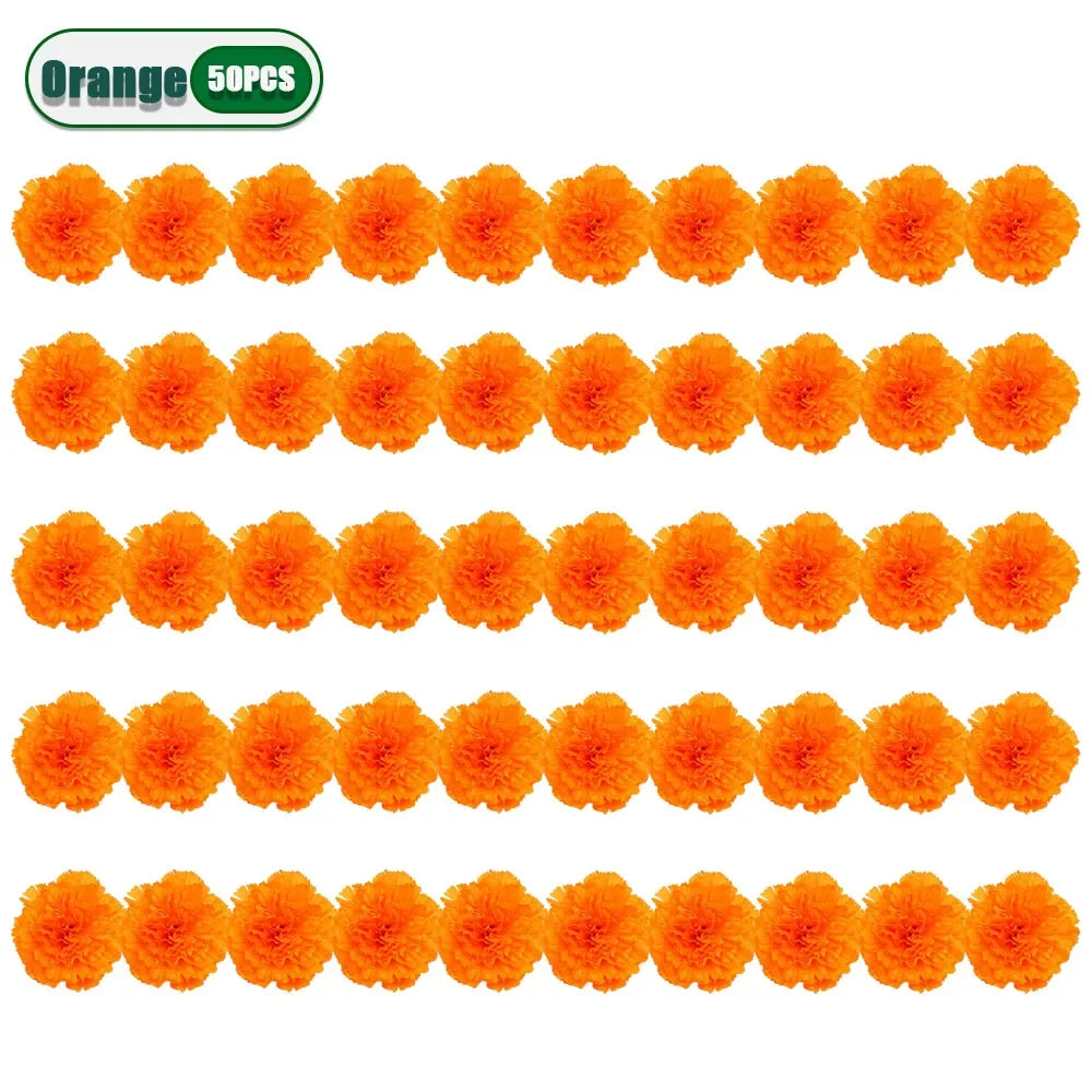 A collection of 50 artificial orange carnation and marigold flower heads for festive decoration.