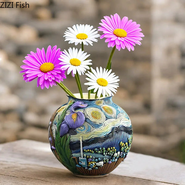 A ceramic vase with a swirling blue and green pattern holds pink and white daisy-like flowers.