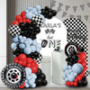 A balloon arch set featuring red, black, and blue balloons with a checkered pattern and racing theme graphics.