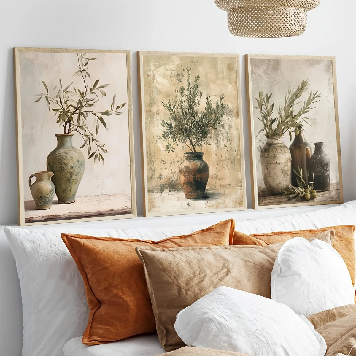 A gallery wall featuring three framed canvas prints of olive branches and greenery in earthy tones.